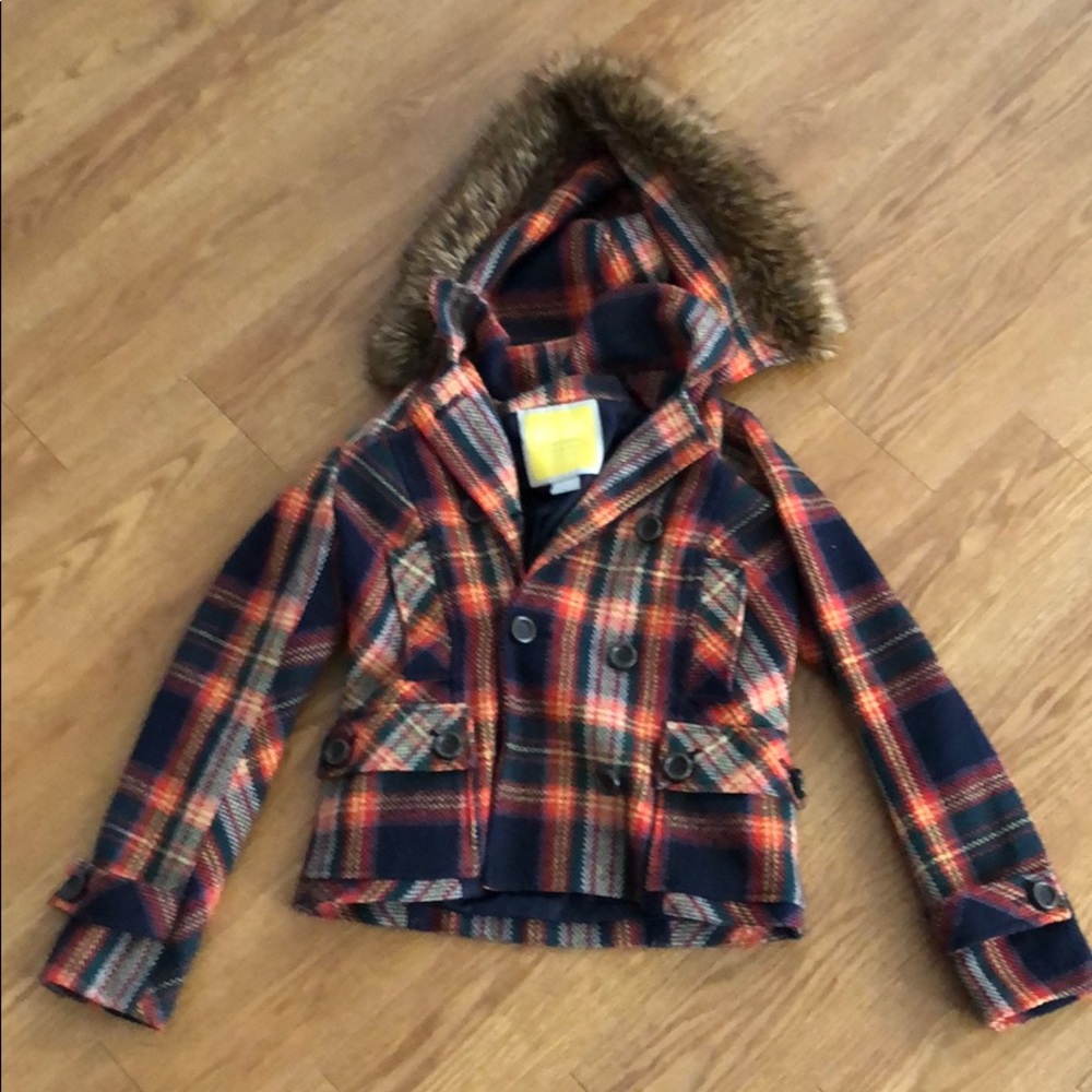 Plaid pea coat with detachable fur-lined hood